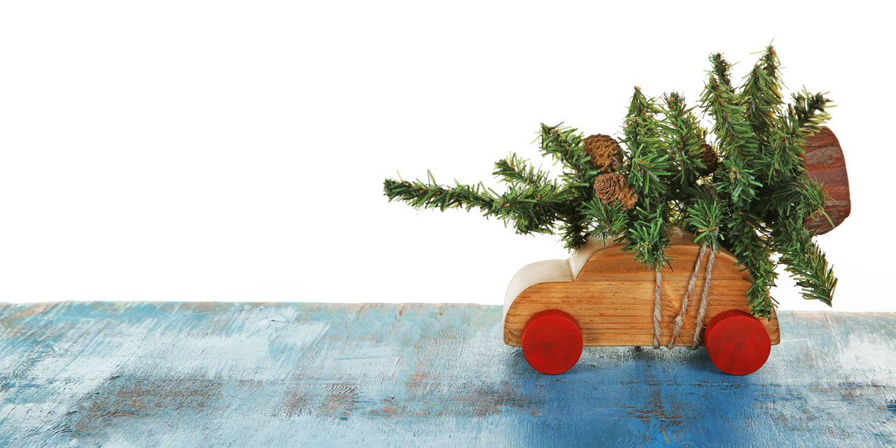 Spielzeugauto mit Weihnachtsbaum im Gepäck